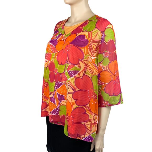 Maggie Barnes Women's Multicolored Floral 2Fer 3/4 Sleeves Tunic Blouse 2X 22/24 - Picture 2 of 6